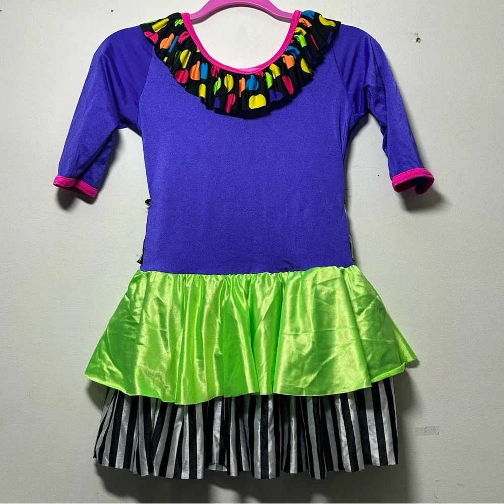 Whimsical Ruffled‎ Dance Costume: Purple, Lime Green - Fits Child L/XL (Adult M)
